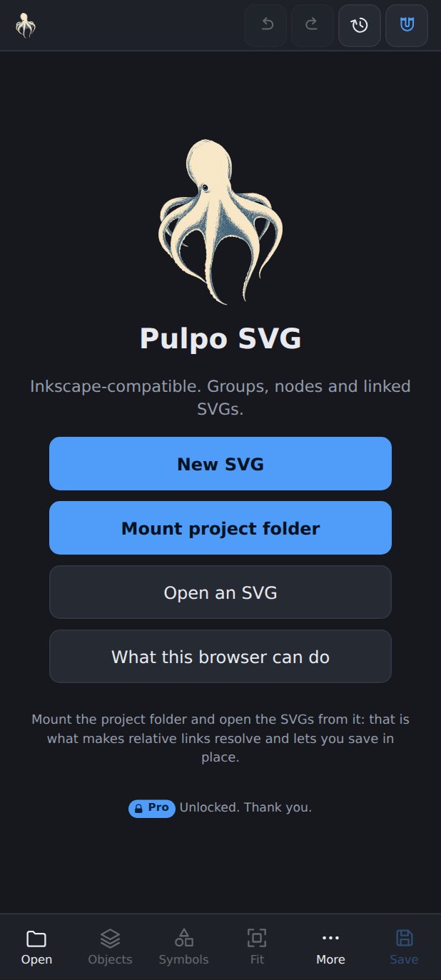 Home screen with Mount project folder and Open an SVG